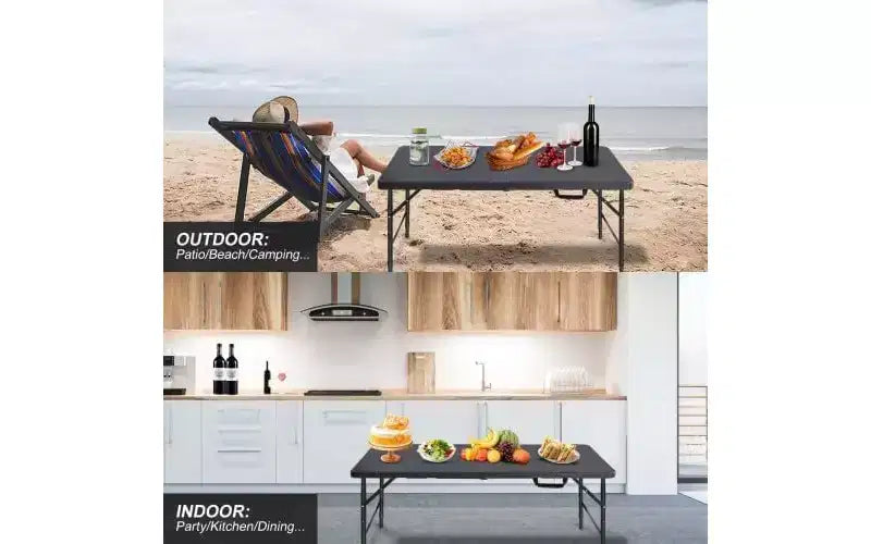 Table pliante robuste 1,20 m, hauteur réglable, imperméable, facile à nettoyer, plastique portable avec poignée, pieds antidérapants, capacité de 136 kg pour intérieur/extérieur