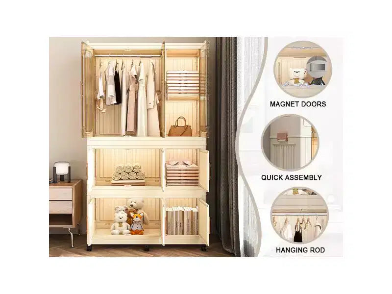Armoire portable, organiseur de placard en plastique avec tringle et portes magnétiques, armoire de rangement portable et pliable
