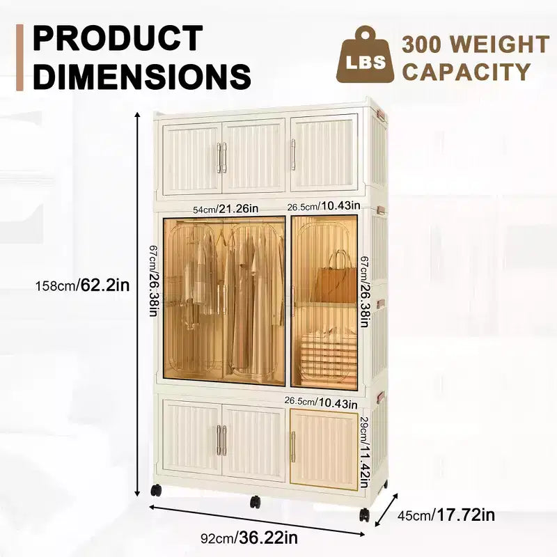Armoire portable, organiseur de placard en plastique avec tringle et portes magnétiques, armoire de rangement portable et pliable