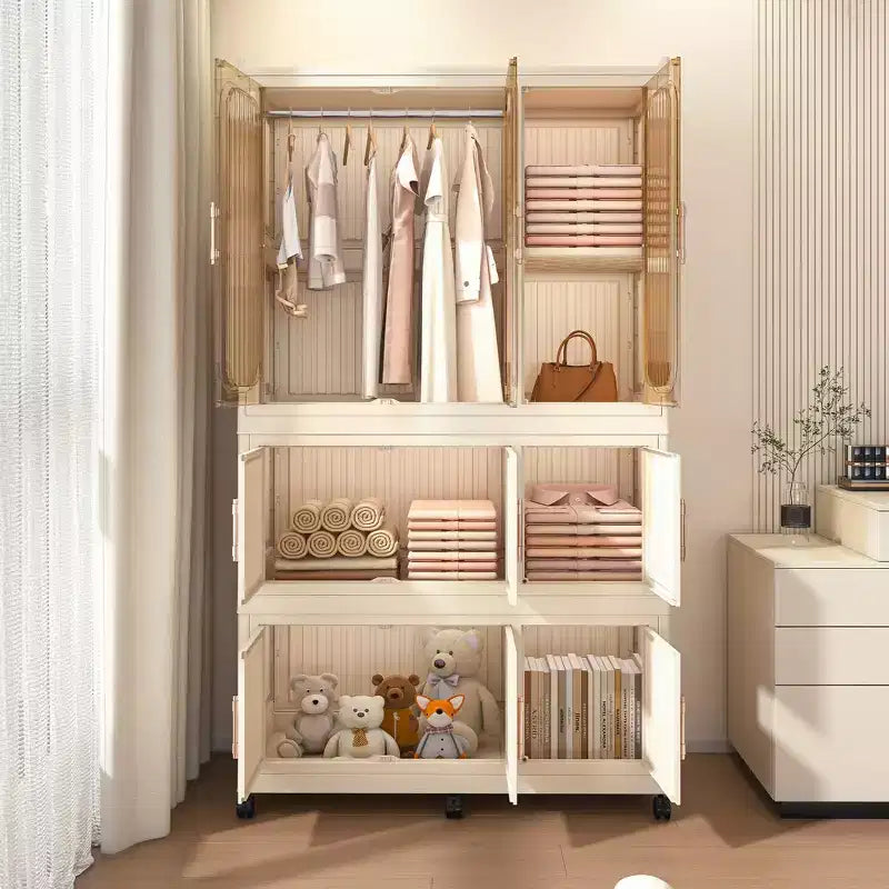 Armoire portable, organiseur de placard en plastique avec tringle et portes magnétiques, armoire de rangement portable et pliable