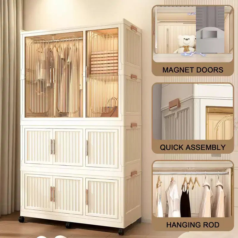 Armoire portable, organiseur de placard en plastique avec tringle et portes magnétiques, armoire de rangement portable et pliable