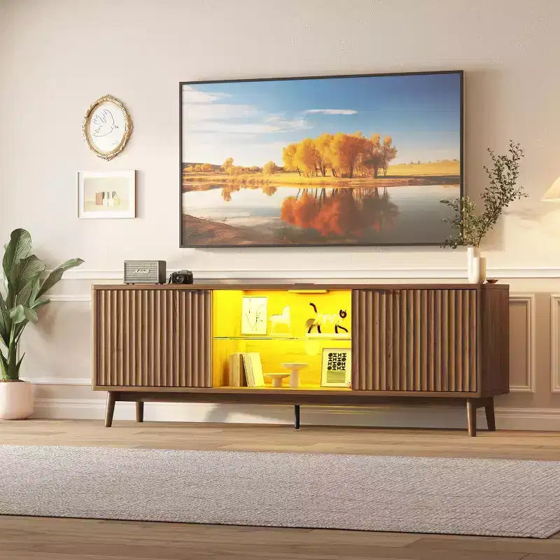 Meuble TV 65'', Meuble de divertissement avec rangement et étagère réglable, Console TV pour salon, Meuble média moderne