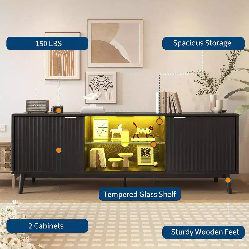 Meuble TV 65'', Meuble de divertissement avec rangement et étagère réglable, Console TV pour salon, Meuble média moderne