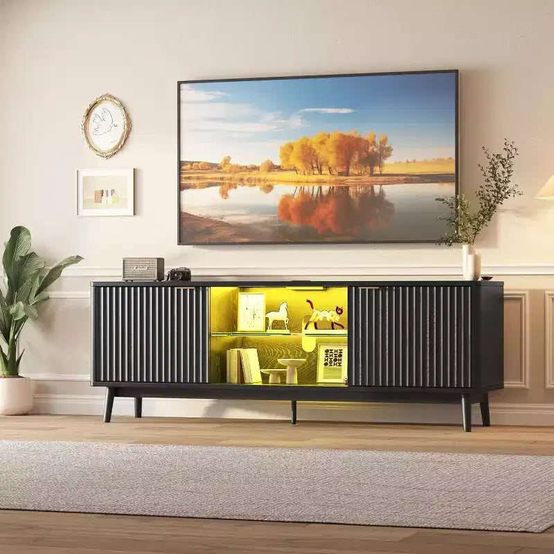 Meuble TV 65'', Meuble de divertissement avec rangement et étagère réglable, Console TV pour salon, Meuble média moderne