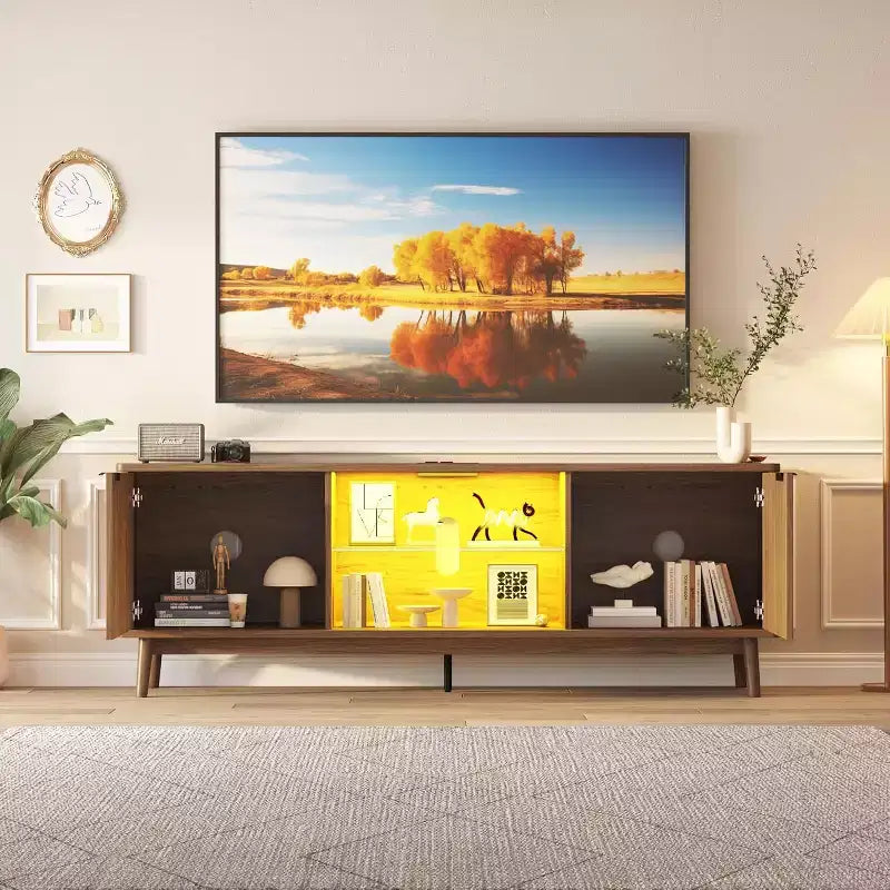 Meuble TV 65'', Meuble de divertissement avec rangement et étagère réglable, Console TV pour salon, Meuble média moderne