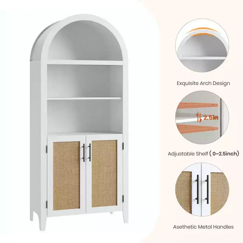 COZONY Étagère Bibliothèque Cintrée avec Portes, Étagère d'Exposition Ouverte à 5 Niveaux avec Décoration en Rotin, Meuble de Rangement Moderne pour Bureau, Salon, Bibliothèque