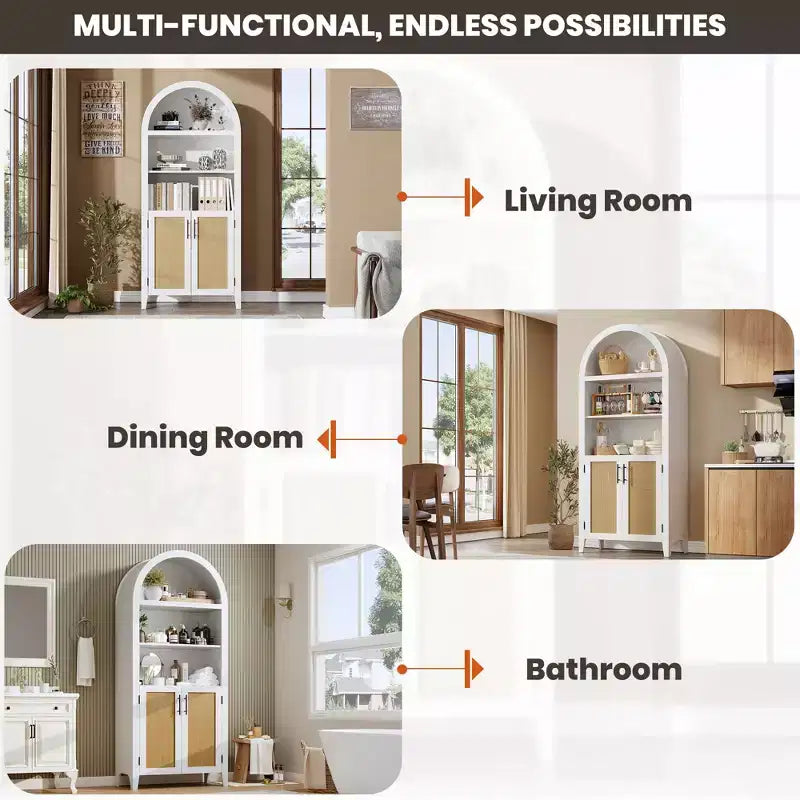 COZONY Étagère Bibliothèque Cintrée avec Portes, Étagère d'Exposition Ouverte à 5 Niveaux avec Décoration en Rotin, Meuble de Rangement Moderne pour Bureau, Salon, Bibliothèque