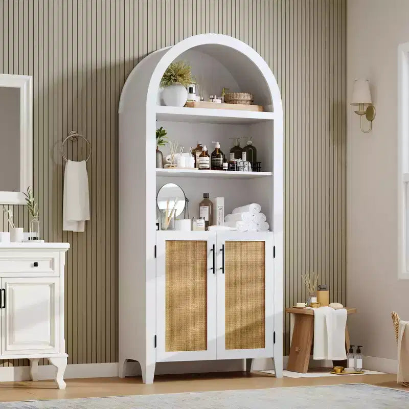 COZONY Étagère Bibliothèque Cintrée avec Portes, Étagère d'Exposition Ouverte à 5 Niveaux avec Décoration en Rotin, Meuble de Rangement Moderne pour Bureau, Salon, Bibliothèque