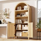 COZONY Étagère Bibliothèque Cintrée avec Portes, Étagère d'Exposition Ouverte à 5 Niveaux avec Décoration en Rotin, Meuble de Rangement Moderne pour Bureau, Salon, Bibliothèque