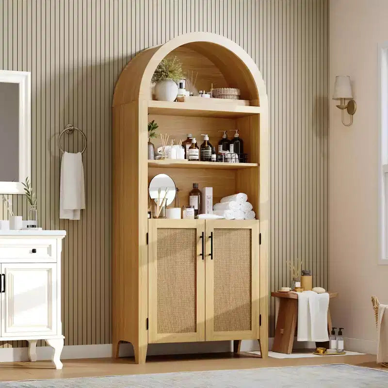 COZONY Étagère Bibliothèque Cintrée avec Portes, Étagère d'Exposition Ouverte à 5 Niveaux avec Décoration en Rotin, Meuble de Rangement Moderne pour Bureau, Salon, Bibliothèque