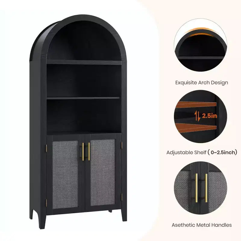 COZONY Étagère Bibliothèque Cintrée avec Portes, Étagère d'Exposition Ouverte à 5 Niveaux avec Décoration en Rotin, Meuble de Rangement Moderne pour Bureau, Salon, Bibliothèque