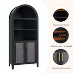 COZONY Étagère Bibliothèque Cintrée avec Portes, Étagère d'Exposition Ouverte à 5 Niveaux avec Décoration en Rotin, Meuble de Rangement Moderne pour Bureau, Salon, Bibliothèque