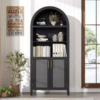 COZONY Arched Bookcase with Doors, 5-Tier Open Display Shelf with Rattan Decor, Modern Storage Cabinet for Home Office, Living Room, Library