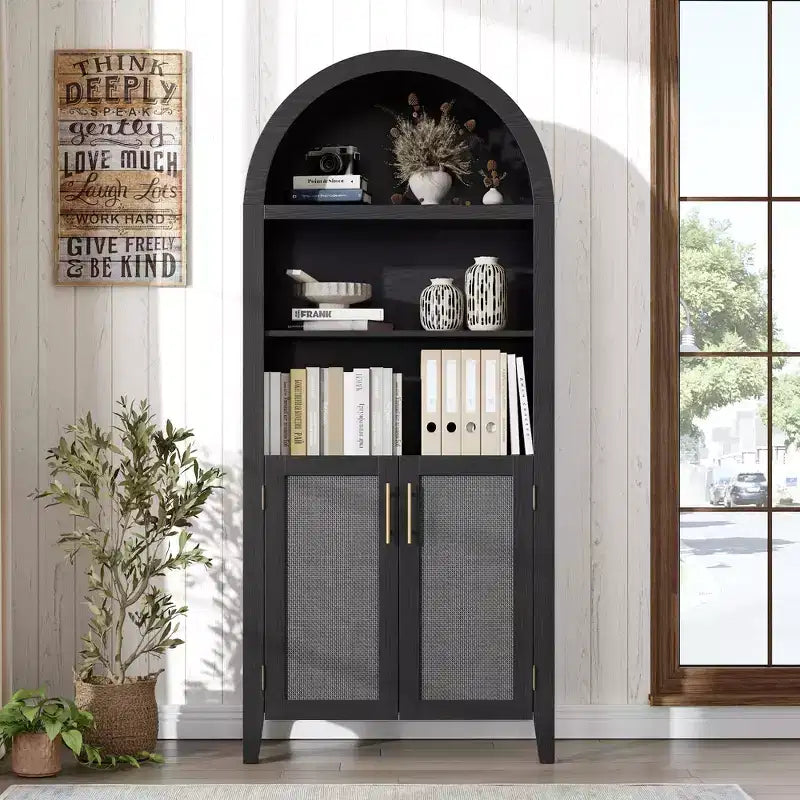 COZONY Arched Bookcase with Doors, 5-Tier Open Display Shelf with Rattan Decor, Modern Storage Cabinet for Home Office, Living Room, Library