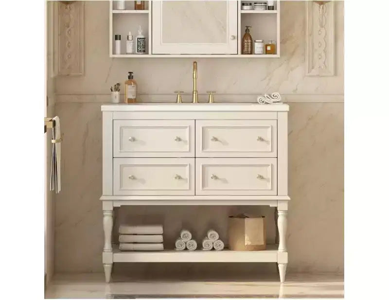 36 Bathroom Vanity, Modern Hardwood Frame Cabinet with Ceramic Sink Top, 4 Drawers & Open Shelf, Freestanding Undermount Lavatory Storage