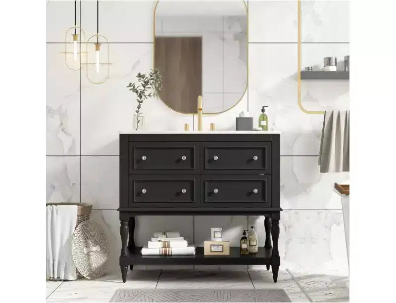 Meuble-lavabo de salle de bain de 91 cm, cadre en bois massif moderne avec plan de travail en céramique, 4 tiroirs et étagère ouverte, meuble-lavabo autoportant avec rangement sous vasque