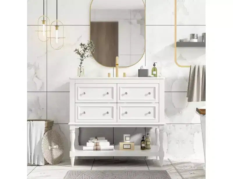 Meuble-lavabo de salle de bain de 91 cm, cadre en bois massif moderne avec plan de travail en céramique, 4 tiroirs et étagère ouverte, meuble-lavabo autoportant avec rangement sous vasque