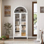Armoire de cuisine arquée - Étagère de présentation de style ferme à 5 niveaux avec étagère réglable et 2 grandes portes en verre, meuble de rangement polyvalent pour la cuisine
