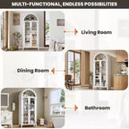 Armoire de cuisine arquée - Étagère de présentation de style ferme à 5 niveaux avec étagère réglable et 2 grandes portes en verre, meuble de rangement polyvalent pour la cuisine