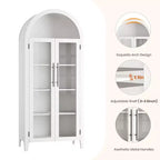 Armoire de cuisine arquée - Étagère de présentation de style ferme à 5 niveaux avec étagère réglable et 2 grandes portes en verre, meuble de rangement polyvalent pour la cuisine