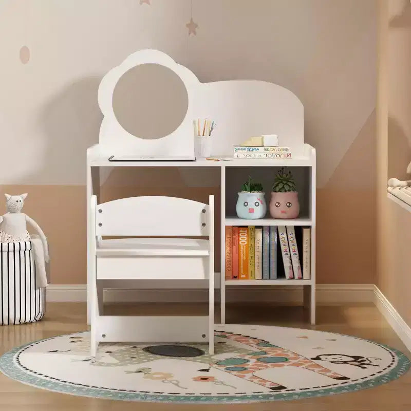 JVNOXK Ensemble Coiffeuse Enfant avec Meuble de Rangement (Miroir et Chaise Inclus) Bureau d'Activités pour Garçons et Filles Idéal pour Salles de Jeux et Chambres à Coucher - Blanc
