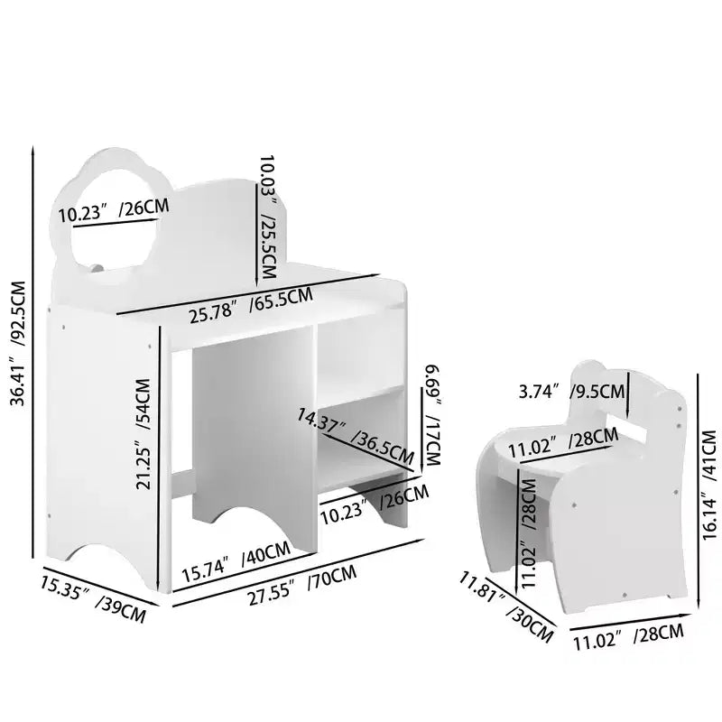 JVNOXK Ensemble Coiffeuse Enfant avec Meuble de Rangement (Miroir et Chaise Inclus) Bureau d'Activités pour Garçons et Filles Idéal pour Salles de Jeux et Chambres à Coucher - Blanc