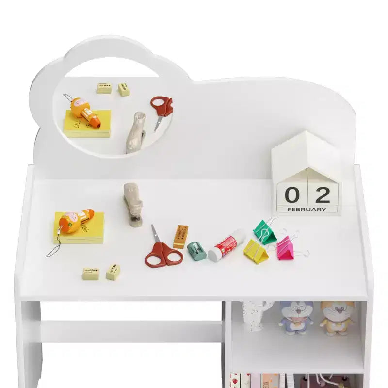 JVNOXK Ensemble Coiffeuse Enfant avec Meuble de Rangement (Miroir et Chaise Inclus) Bureau d'Activités pour Garçons et Filles Idéal pour Salles de Jeux et Chambres à Coucher - Blanc