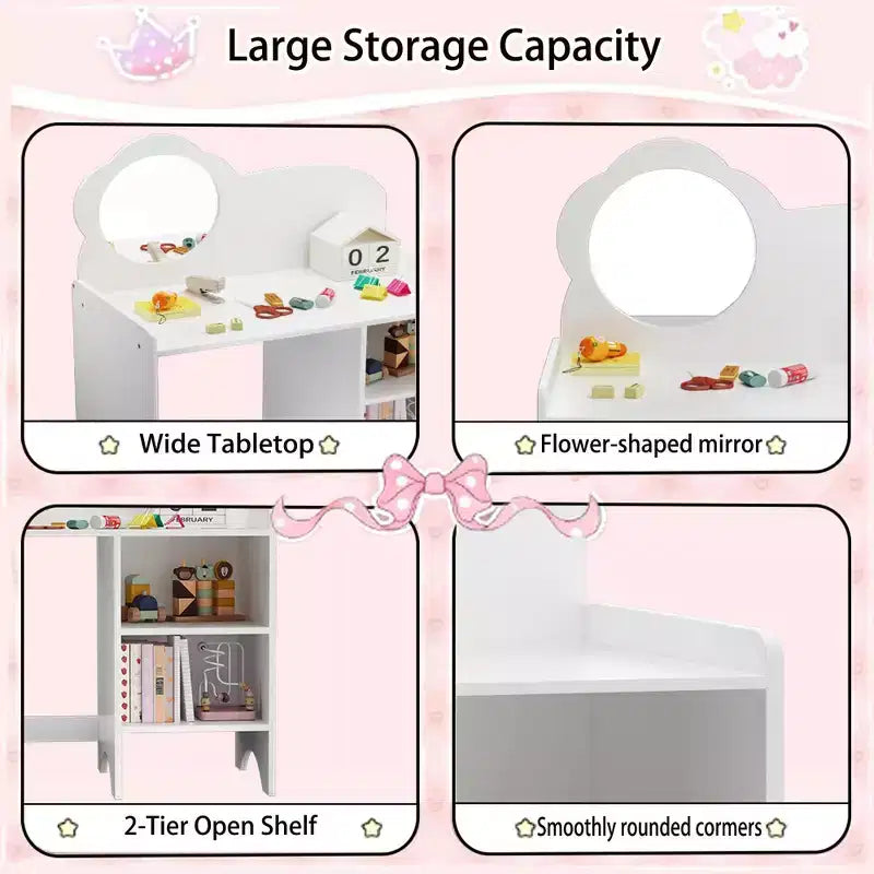 JVNOXK Ensemble Coiffeuse Enfant avec Meuble de Rangement (Miroir et Chaise Inclus) Bureau d'Activités pour Garçons et Filles Idéal pour Salles de Jeux et Chambres à Coucher - Blanc