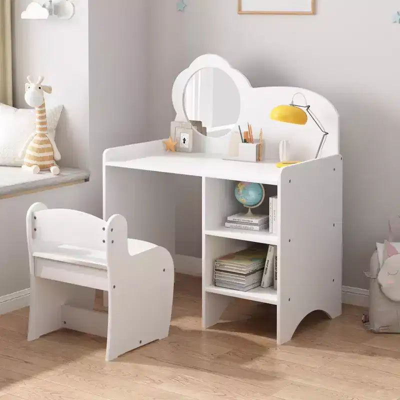 JVNOXK Ensemble Coiffeuse Enfant avec Meuble de Rangement (Miroir et Chaise Inclus) Bureau d'Activités pour Garçons et Filles Idéal pour Salles de Jeux et Chambres à Coucher - Blanc