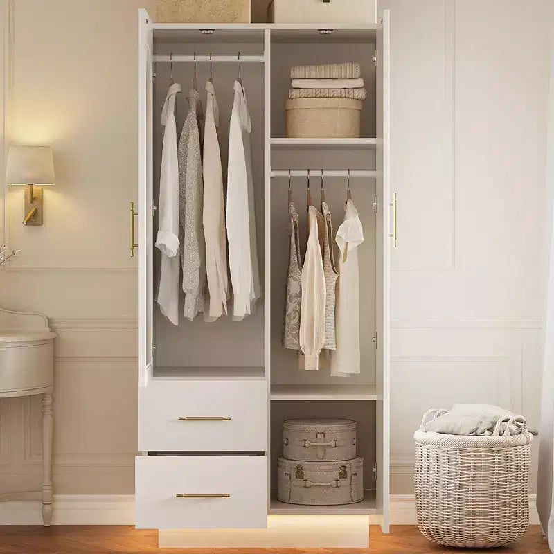 Armoire de chambre à coucher, 180 cm de haut, grande armoire de rangement en bois avec verre cannelé moderne et étagères, avec tringle à vêtements