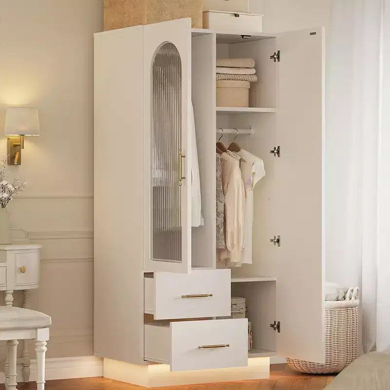 Armoire de chambre à coucher, 180 cm de haut, grande armoire de rangement en bois avec verre cannelé moderne et étagères, avec tringle à vêtements