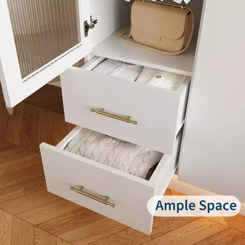 Armoire de chambre à coucher, 180 cm de haut, grande armoire de rangement en bois avec verre cannelé moderne et étagères, avec tringle à vêtements