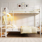 Lit superposé en métal pleine grandeur Luxystar avec 3 étagères en filet de rangement, 2 crochets à vêtements et LED