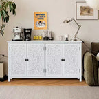 Bahut buffet bohème blanc 60", en bois d'ingénierie, 4 portes, motif mandala floral sculpté - Panipeachy