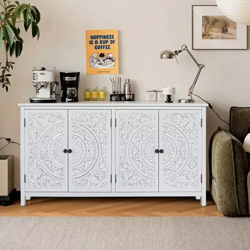 Bahut buffet bohème blanc 60", en bois d'ingénierie, 4 portes, motif mandala floral sculpté - Panipeachy