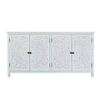 Bahut buffet bohème blanc 60", en bois d'ingénierie, 4 portes, motif mandala floral sculpté - Panipeachy