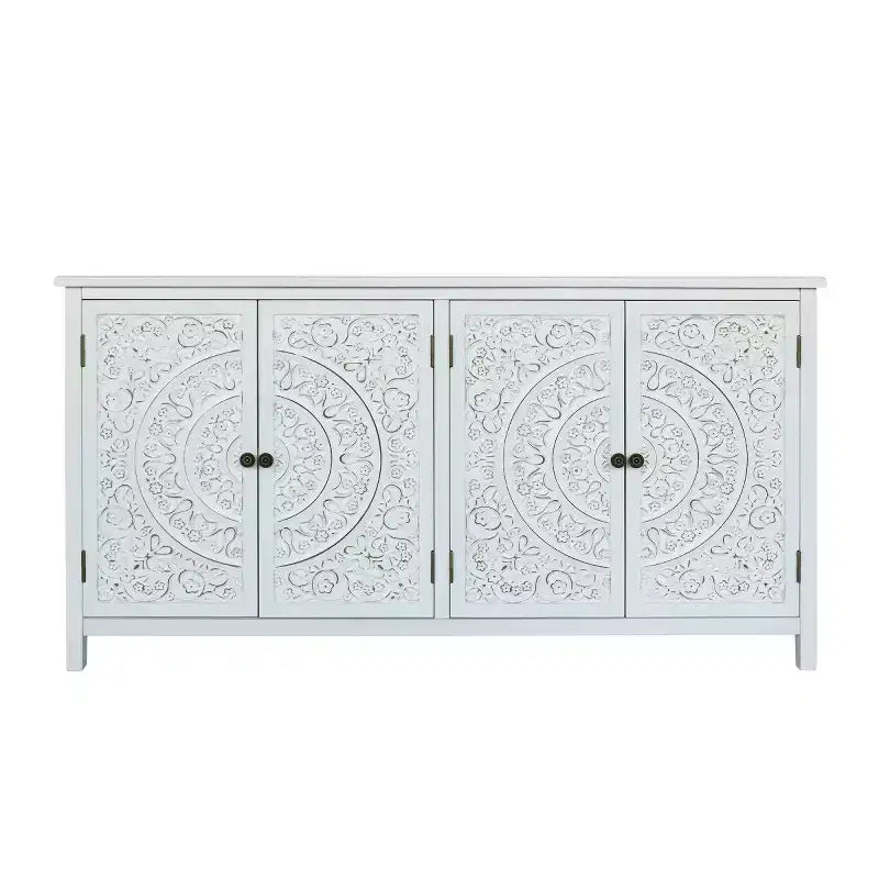 Bahut buffet bohème blanc 60", en bois d'ingénierie, 4 portes, motif mandala floral sculpté - Panipeachy