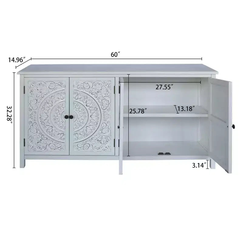 Bahut buffet bohème blanc 60", en bois d'ingénierie, 4 portes, motif mandala floral sculpté - Panipeachy