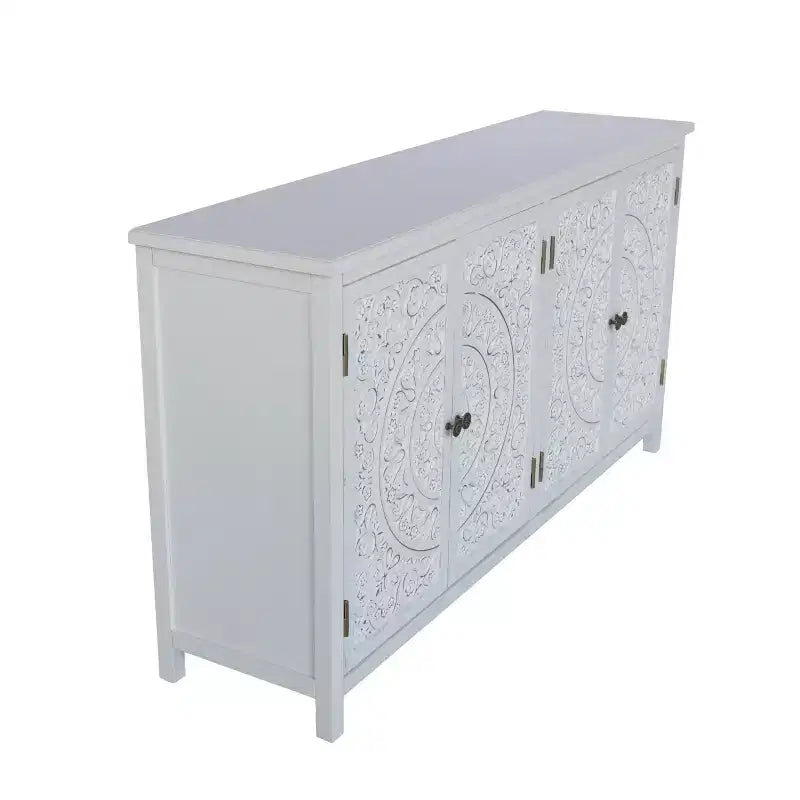Bahut buffet bohème blanc 60", en bois d'ingénierie, 4 portes, motif mandala floral sculpté - Panipeachy