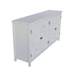 Bahut buffet bohème blanc 60", en bois d'ingénierie, 4 portes, motif mandala floral sculpté - Panipeachy