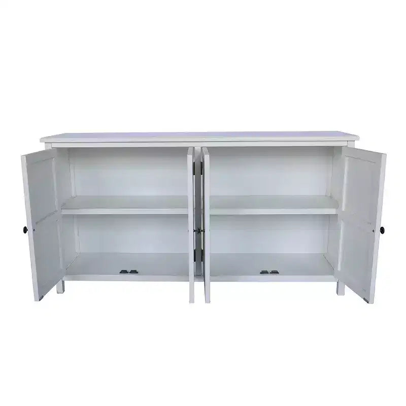 Bahut buffet bohème blanc 60", en bois d'ingénierie, 4 portes, motif mandala floral sculpté - Panipeachy
