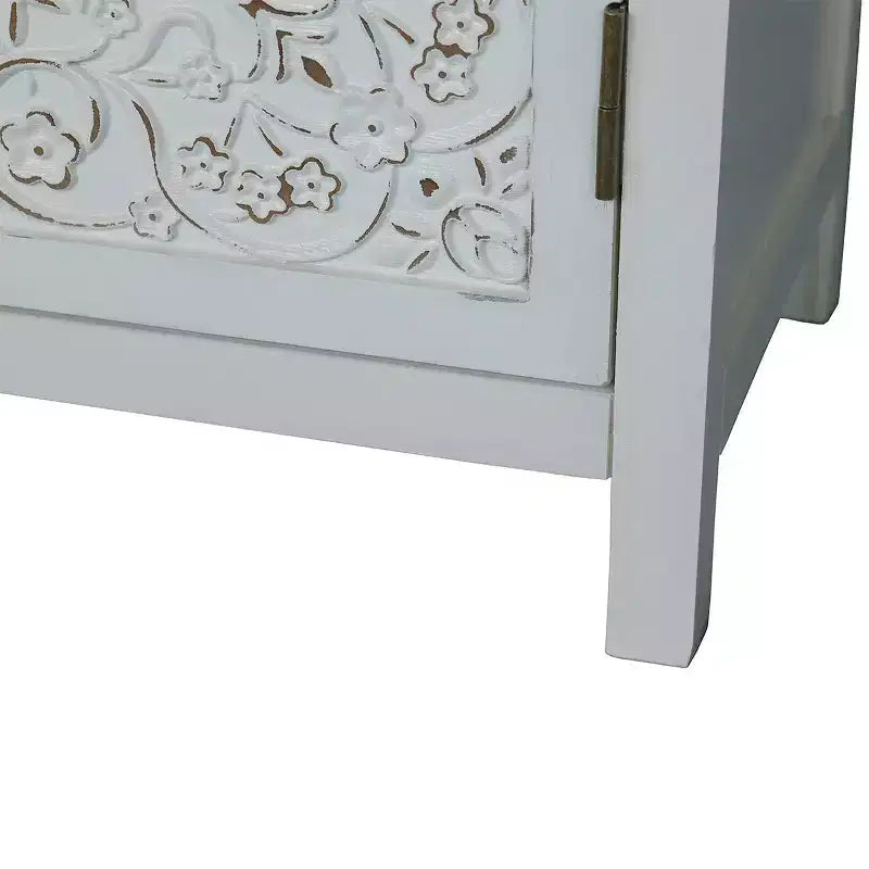 Bahut buffet bohème blanc 60", en bois d'ingénierie, 4 portes, motif mandala floral sculpté - Panipeachy