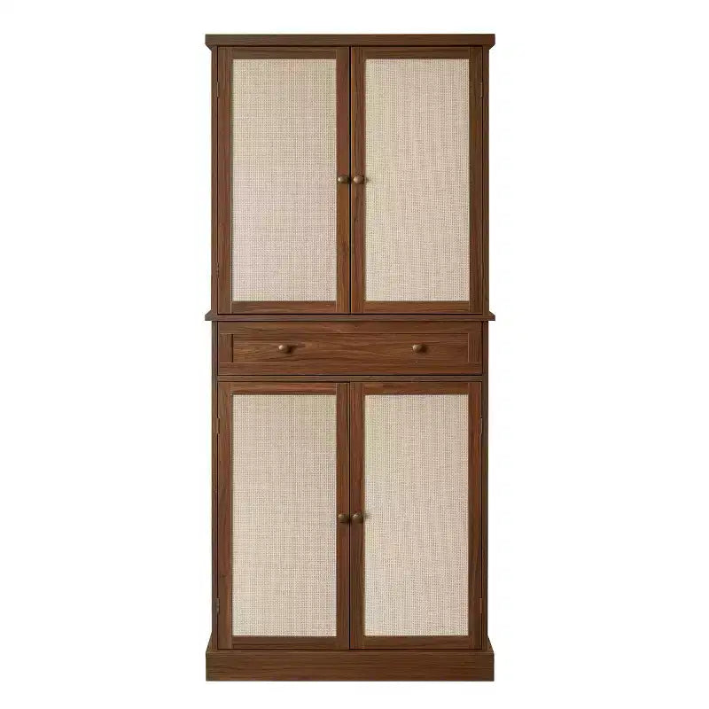 Armoire de cuisine haute de 183 cm, buffet de rangement bohème avec portes en rotin, tiroir central - Panipeachy