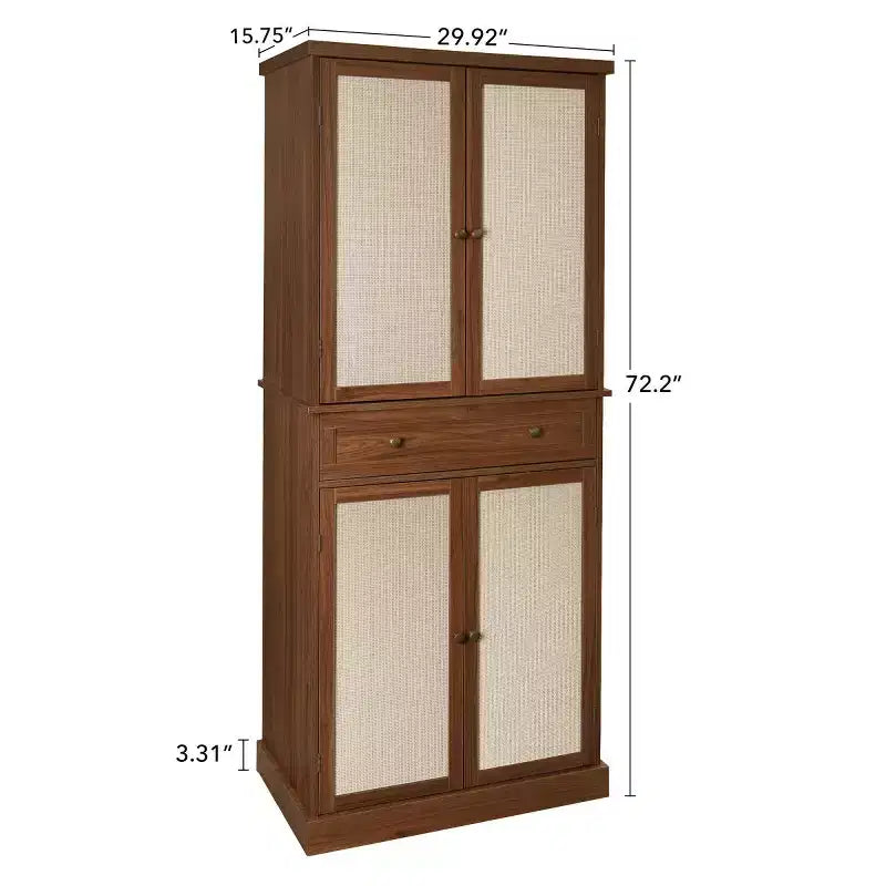 Armoire de cuisine haute de 183 cm, buffet de rangement bohème avec portes en rotin, tiroir central - Panipeachy