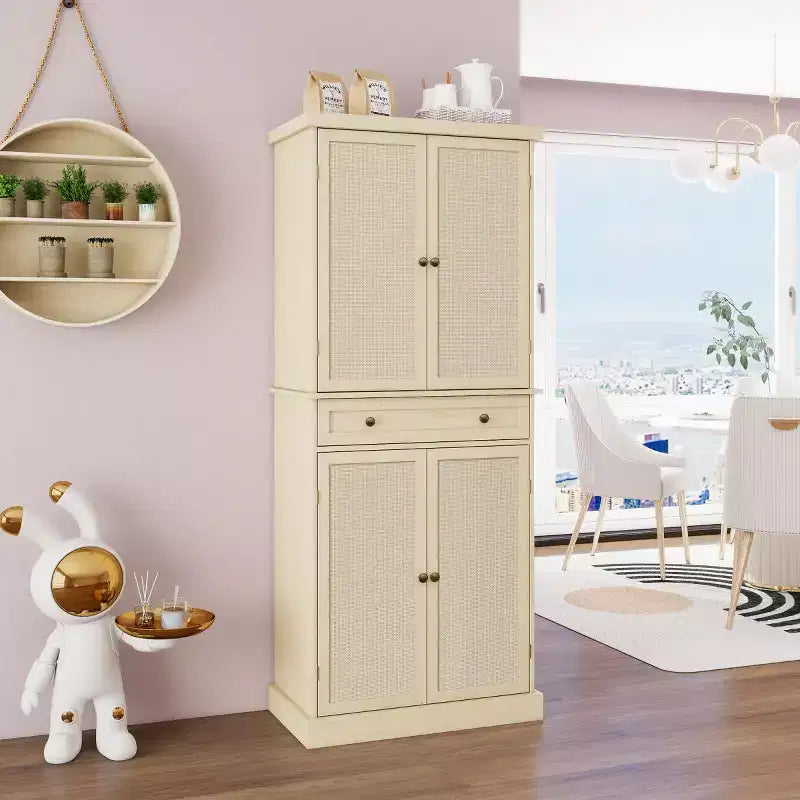 Armoire de cuisine haute de 183 cm, buffet de rangement bohème avec portes en rotin, tiroir central - Panipeachy