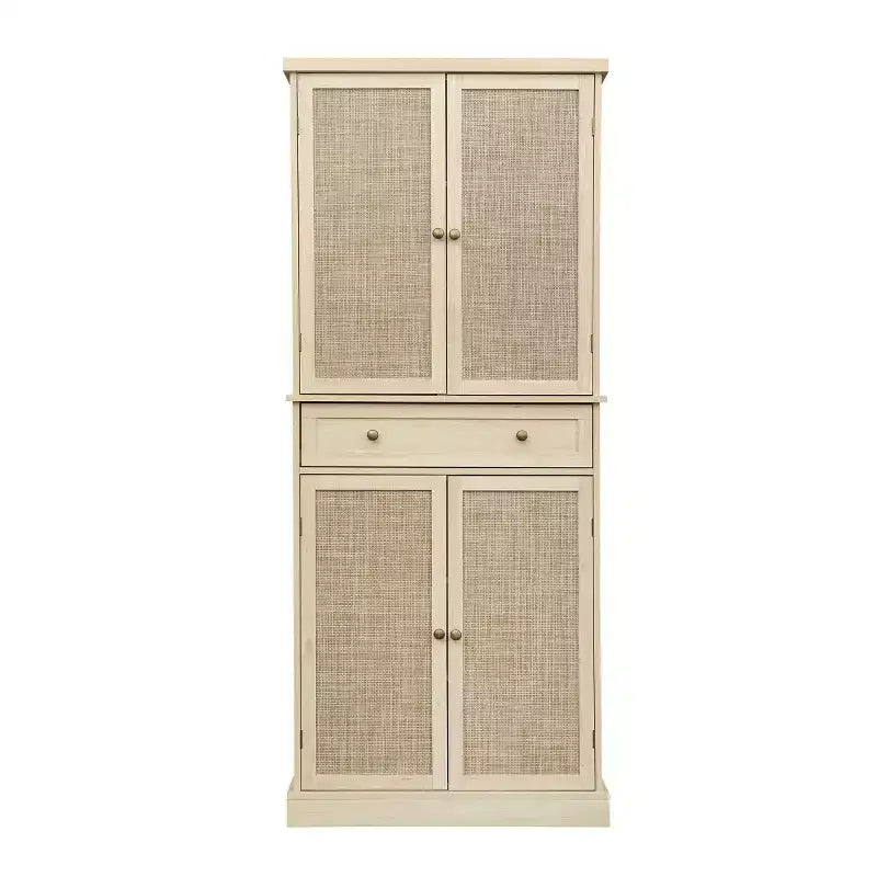 Armoire de cuisine haute de 183 cm, buffet de rangement bohème avec portes en rotin, tiroir central - Panipeachy