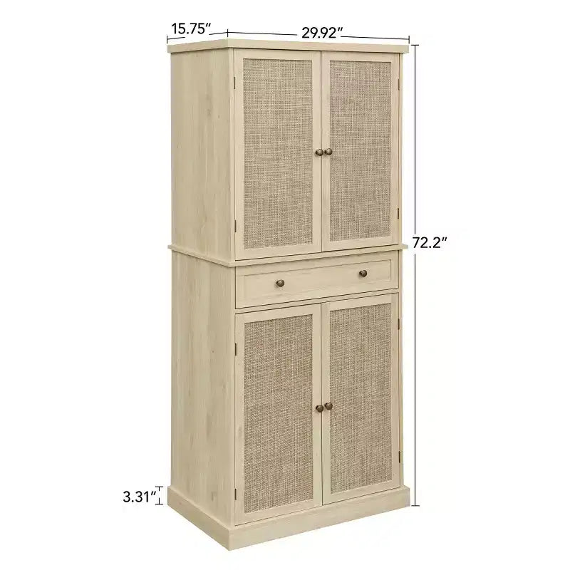 Armoire de cuisine haute de 183 cm, buffet de rangement bohème avec portes en rotin, tiroir central - Panipeachy