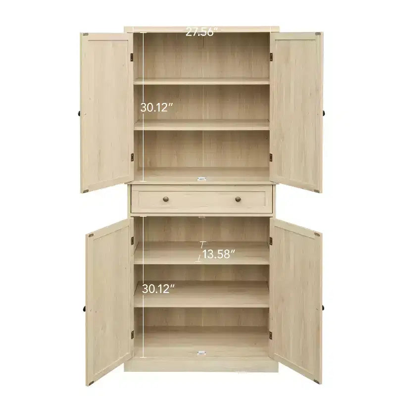 Armoire de cuisine haute de 183 cm, buffet de rangement bohème avec portes en rotin, tiroir central - Panipeachy