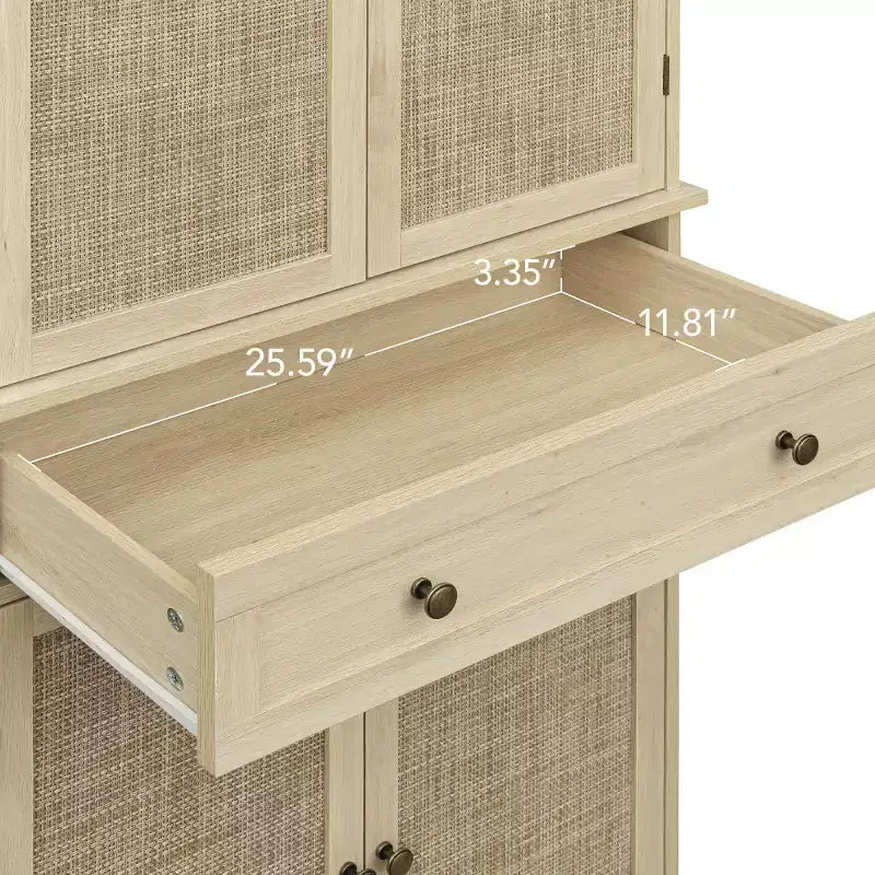 Armoire de cuisine haute de 183 cm, buffet de rangement bohème avec portes en rotin, tiroir central - Panipeachy