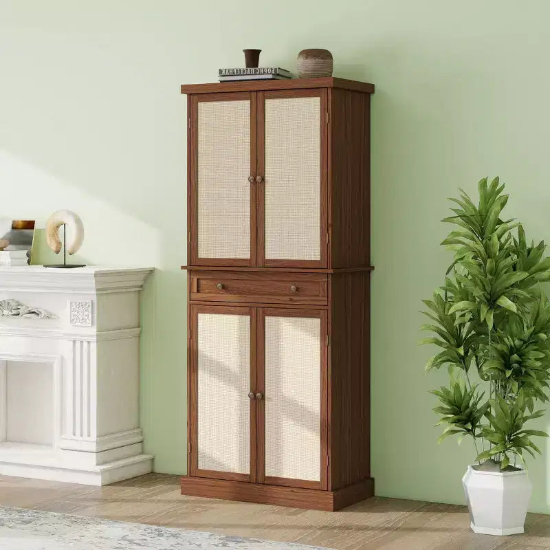 Armoire de cuisine haute de 183 cm, buffet de rangement bohème avec portes en rotin, tiroir central - Panipeachy